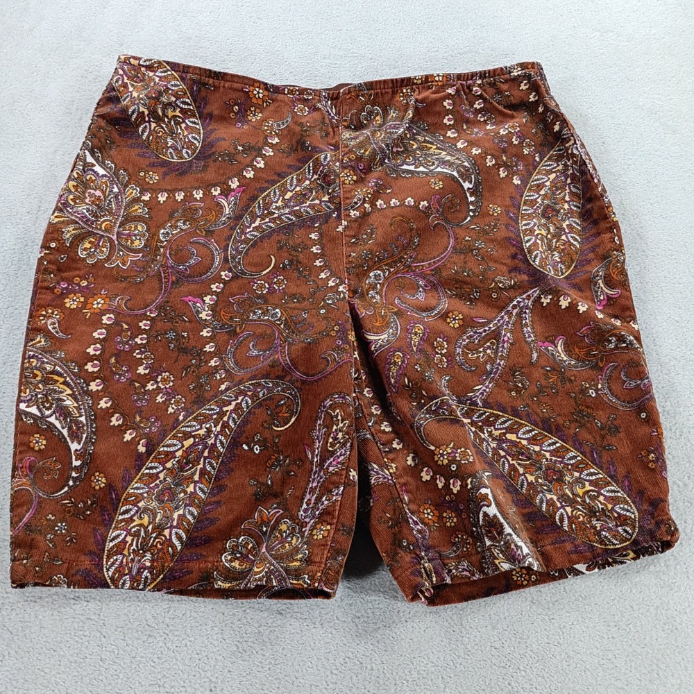 Cato Women Paisley Corduroy Shorts Brown 12P High Rise Elastic Waist